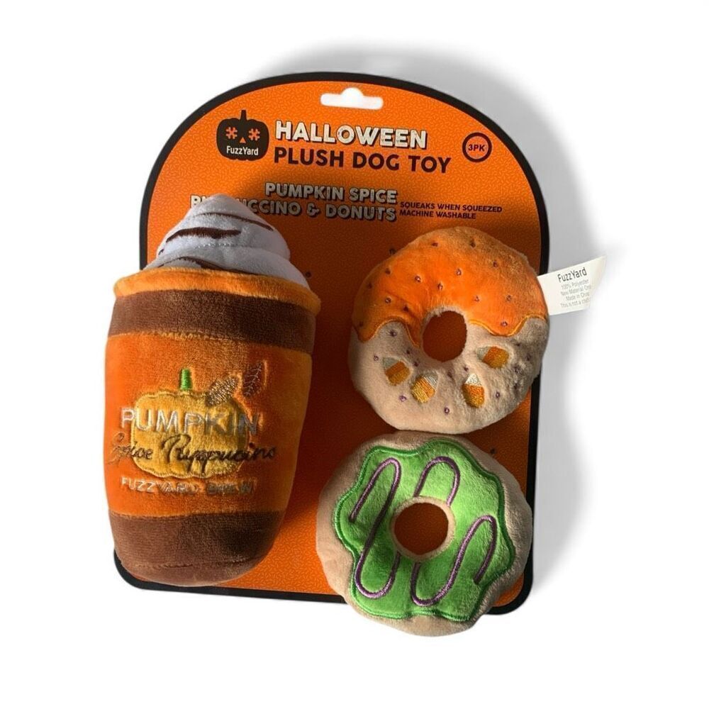 Fuzzyard Halloween Plush Pumpkin Spice Dog Toy Set Squeaky Donuts & Puppuccino